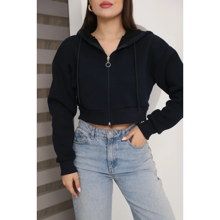 Fermuarlı Kısa Üç İplik Şardonlu Sweatshirt