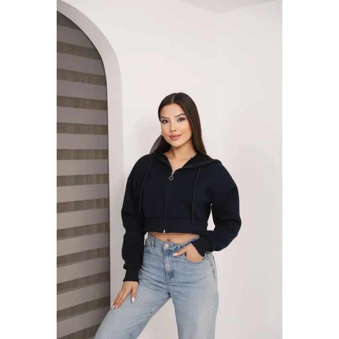 Fermuarlı Kısa Üç İplik Şardonlu Sweatshirt