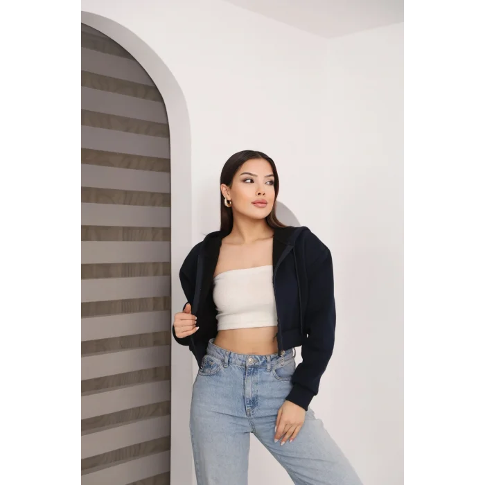 Fermuarlı Kısa Üç İplik Şardonlu Sweatshirt