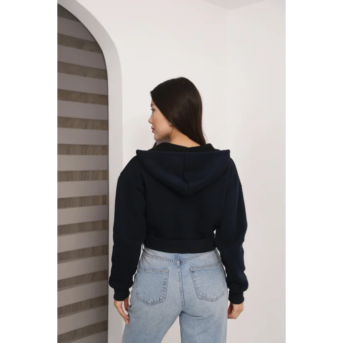 Fermuarlı Kısa Üç İplik Şardonlu Sweatshirt
