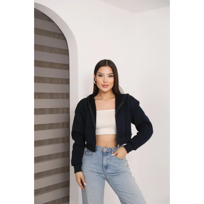 Fermuarlı Kısa Üç İplik Şardonlu Sweatshirt