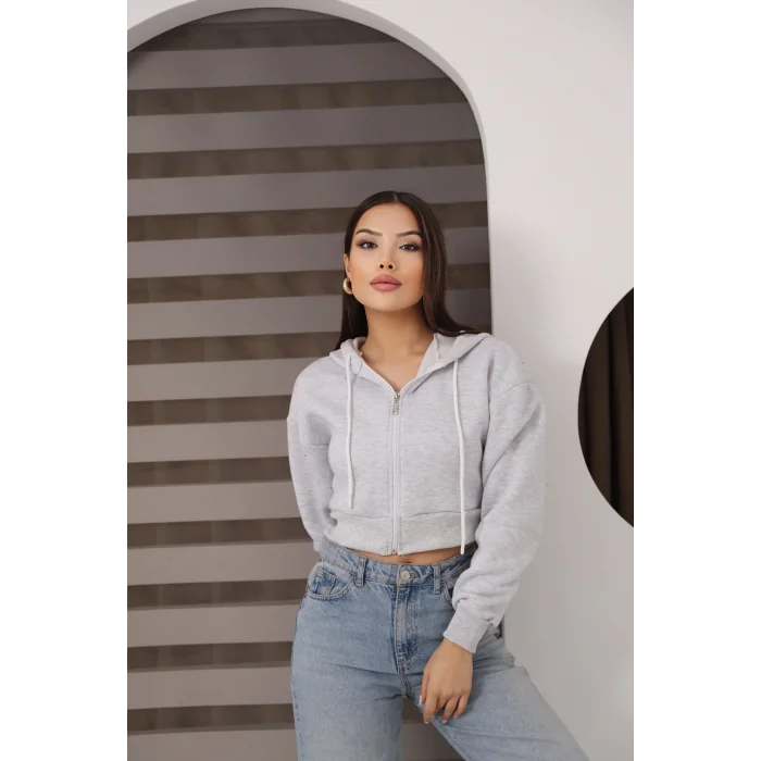 Fermuarlı Kısa Üç İplik Şardonlu Sweatshirt