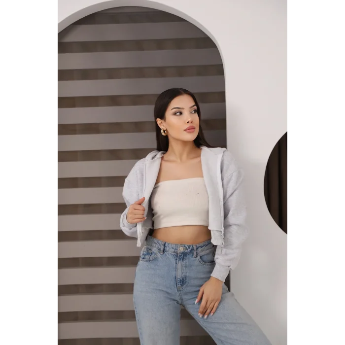 Fermuarlı Kısa Üç İplik Şardonlu Sweatshirt