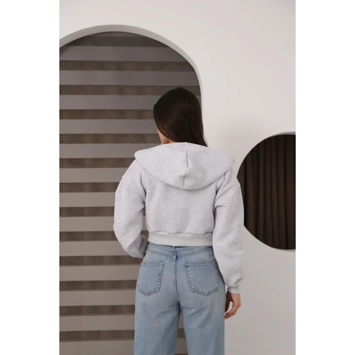 Fermuarlı Kısa Üç İplik Şardonlu Sweatshirt