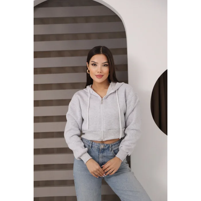 Fermuarlı Kısa Üç İplik Şardonlu Sweatshirt