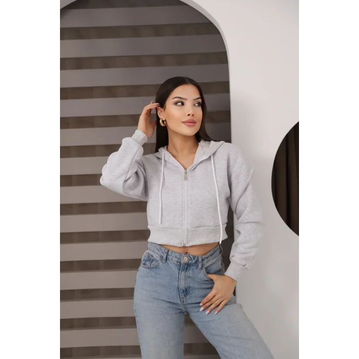 Fermuarlı Kısa Üç İplik Şardonlu Sweatshirt