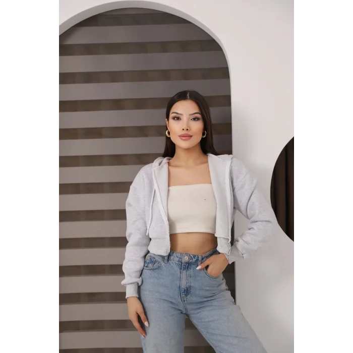 Fermuarlı Kısa Üç İplik Şardonlu Sweatshirt