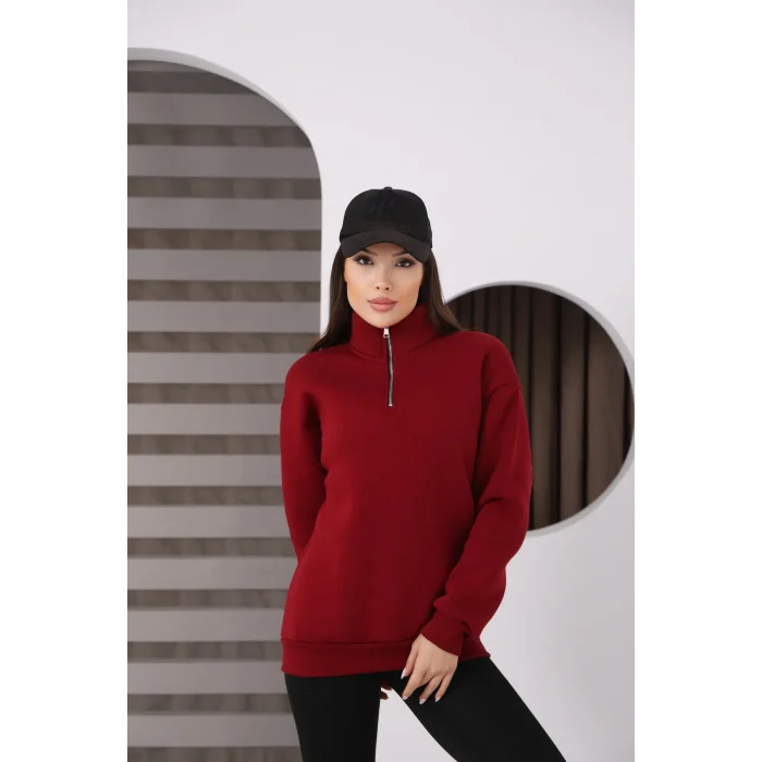 Dik Yakalı Yarım Fermuarlı Üç İplik Şardonlu Sweatshirt