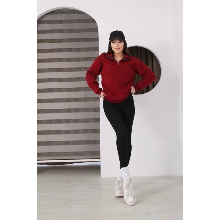 Dik Yakalı Yarım Fermuarlı Üç İplik Şardonlu Sweatshirt