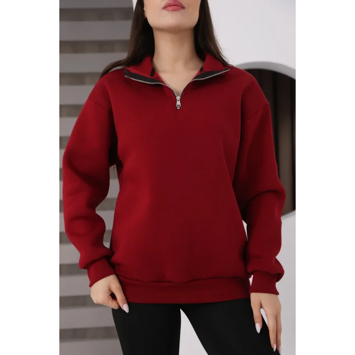 Dik Yakalı Yarım Fermuarlı Üç İplik Şardonlu Sweatshirt