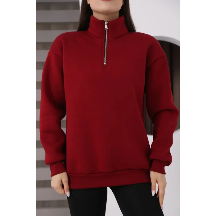 Dik Yakalı Yarım Fermuarlı Üç İplik Şardonlu Sweatshirt