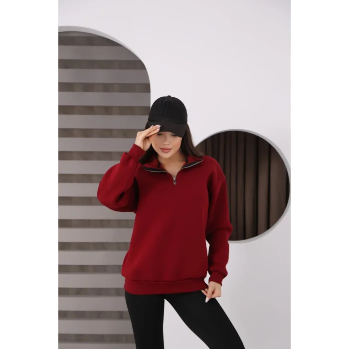 Dik Yakalı Yarım Fermuarlı Üç İplik Şardonlu Sweatshirt