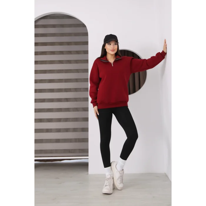 Dik Yakalı Yarım Fermuarlı Üç İplik Şardonlu Sweatshirt