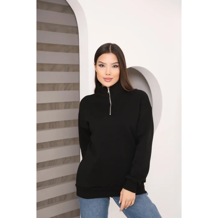 Dik Yakalı Yarım Fermuarlı Üç İplik Şardonlu Sweatshirt