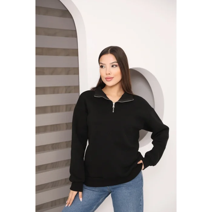 Dik Yakalı Yarım Fermuarlı Üç İplik Şardonlu Sweatshirt