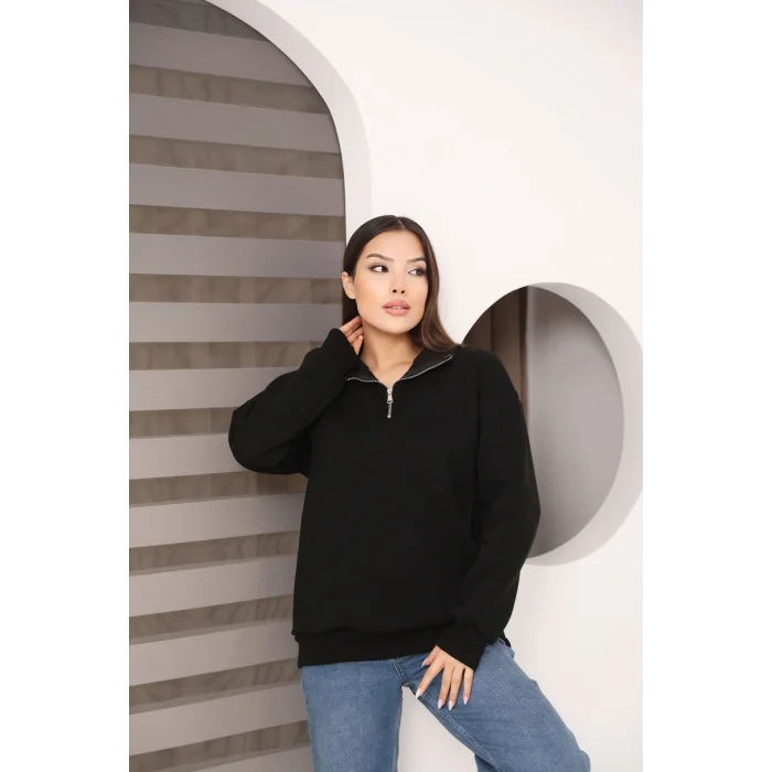 Dik Yakalı Yarım Fermuarlı Üç İplik Şardonlu Sweatshirt