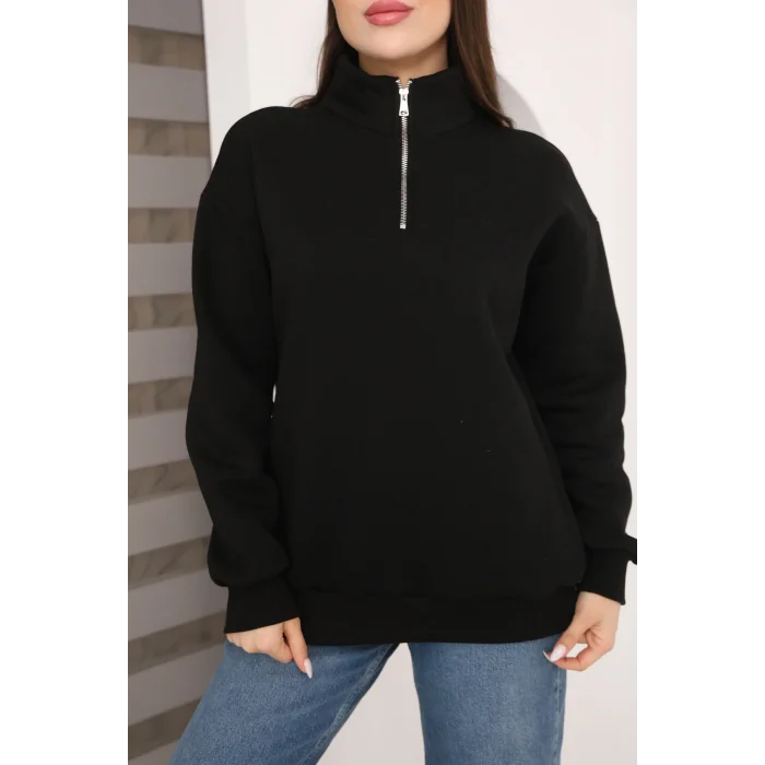 Dik Yakalı Yarım Fermuarlı Üç İplik Şardonlu Sweatshirt