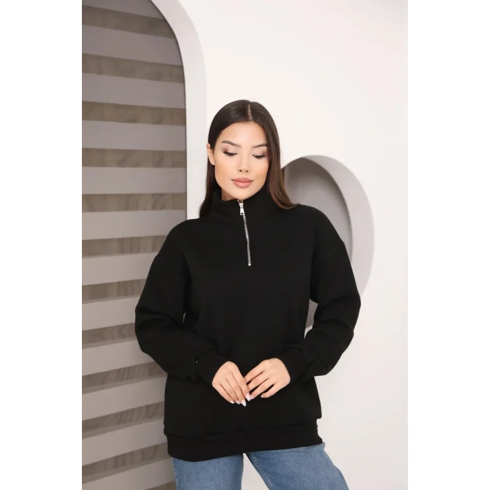Dik Yakalı Yarım Fermuarlı Üç İplik Şardonlu Sweatshirt