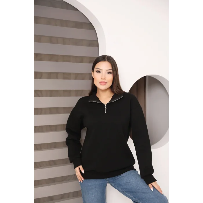 Dik Yakalı Yarım Fermuarlı Üç İplik Şardonlu Sweatshirt