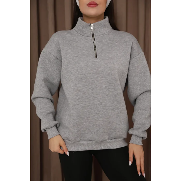 Dik Yakalı Yarım Fermuarlı Üç İplik Şardonlu Sweatshirt