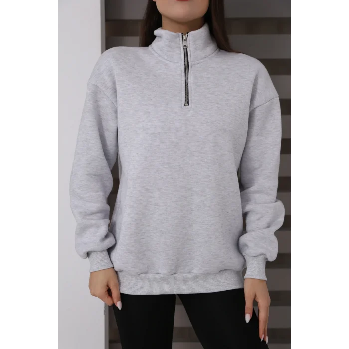 Dik Yakalı Yarım Fermuarlı Üç İplik Şardonlu Sweatshirt