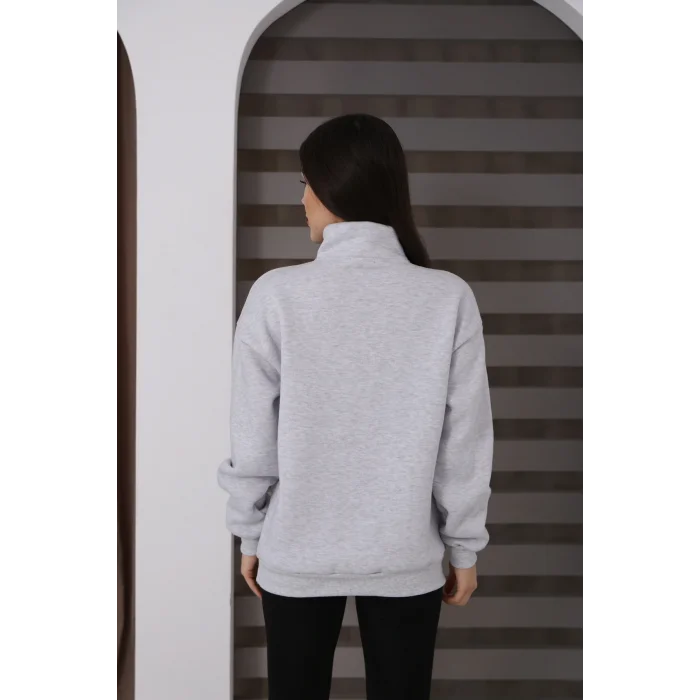 Dik Yakalı Yarım Fermuarlı Üç İplik Şardonlu Sweatshirt