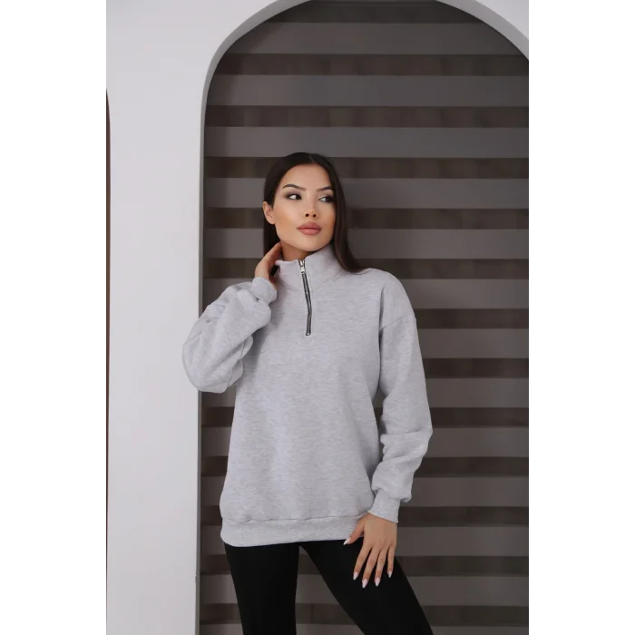 Dik Yakalı Yarım Fermuarlı Üç İplik Şardonlu Sweatshirt