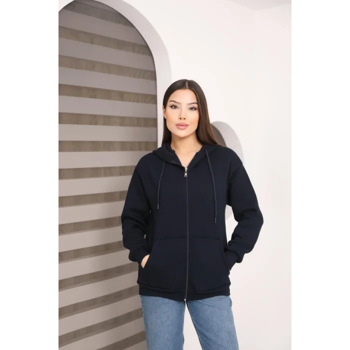 Kapüşonlu Fermuarlı Üç İplik Şardonlu Sweatshirt