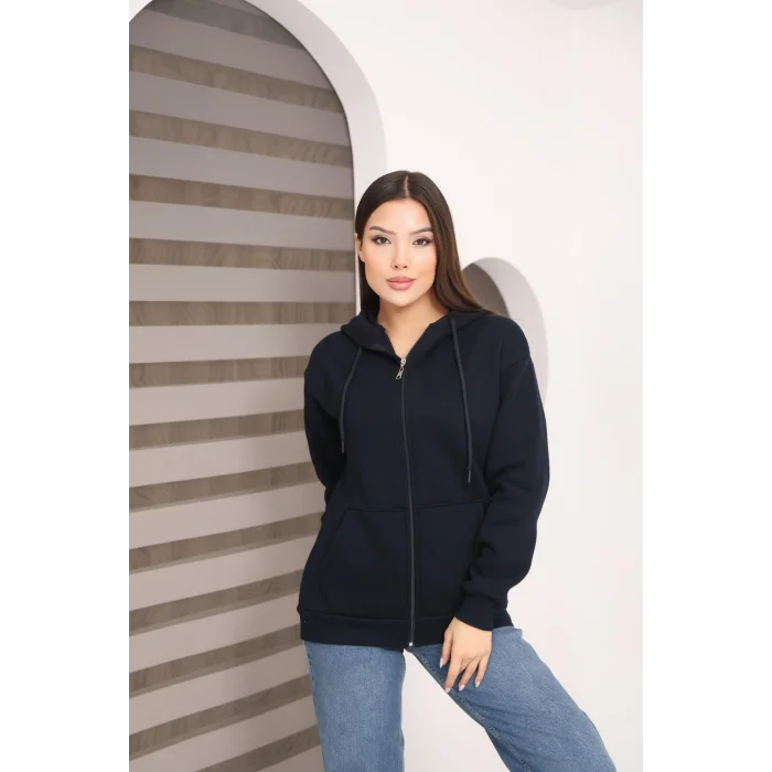 Kapüşonlu Fermuarlı Üç İplik Şardonlu Sweatshirt