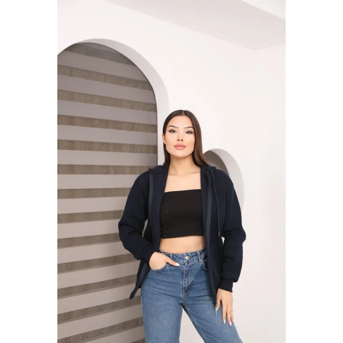 Kapüşonlu Fermuarlı Üç İplik Şardonlu Sweatshirt