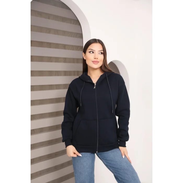 Kapüşonlu Fermuarlı Üç İplik Şardonlu Sweatshirt