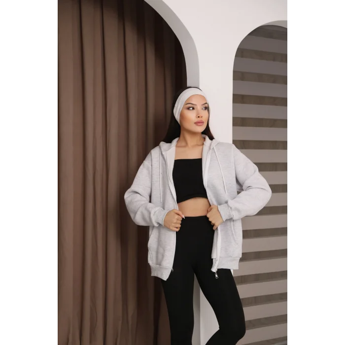 Kapüşonlu Fermuarlı Üç İplik Şardonlu Sweatshirt