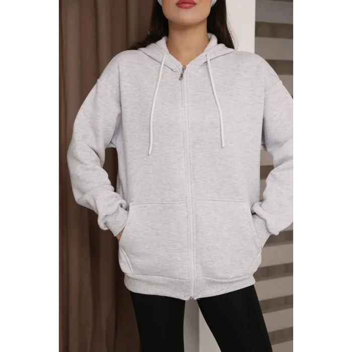 Kapüşonlu Fermuarlı Üç İplik Şardonlu Sweatshirt