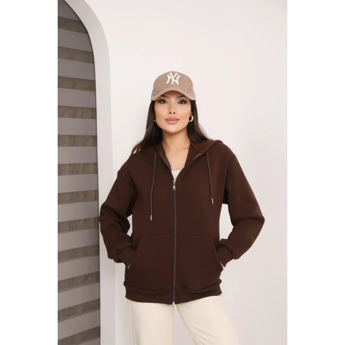 Kapüşonlu Fermuarlı Üç İplik Şardonlu Sweatshirt