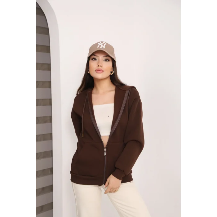 Kapüşonlu Fermuarlı Üç İplik Şardonlu Sweatshirt