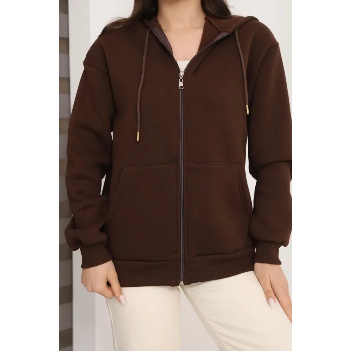 Kapüşonlu Fermuarlı Üç İplik Şardonlu Sweatshirt