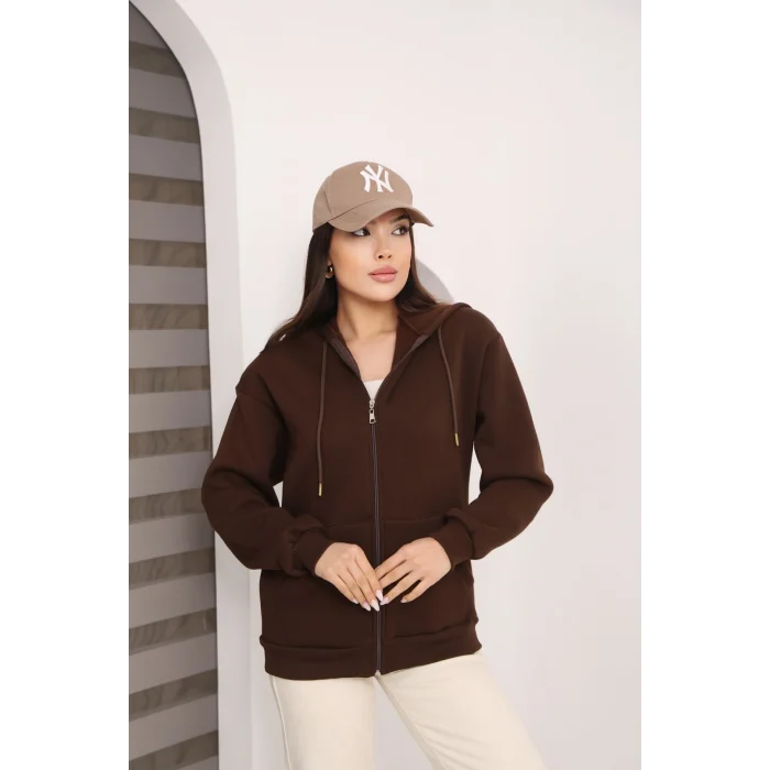 Kapüşonlu Fermuarlı Üç İplik Şardonlu Sweatshirt