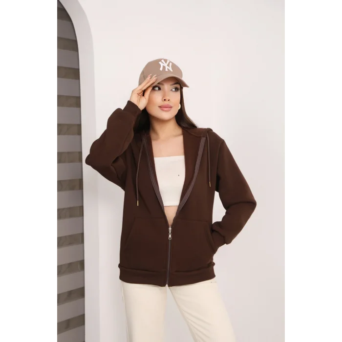 Kapüşonlu Fermuarlı Üç İplik Şardonlu Sweatshirt