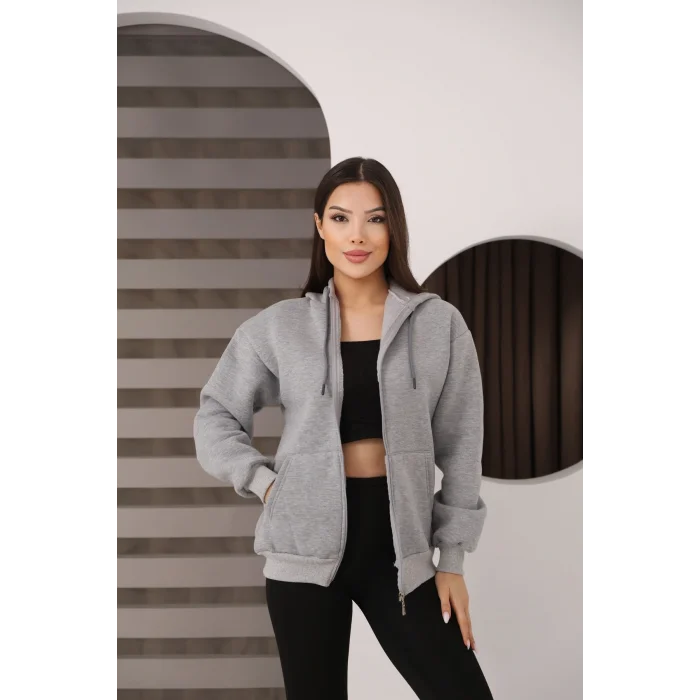 Kapüşonlu Fermuarlı Üç İplik Şardonlu Sweatshirt