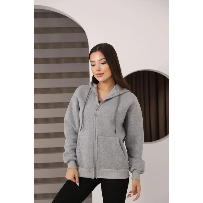 Kapüşonlu Fermuarlı Üç İplik Şardonlu Sweatshirt
