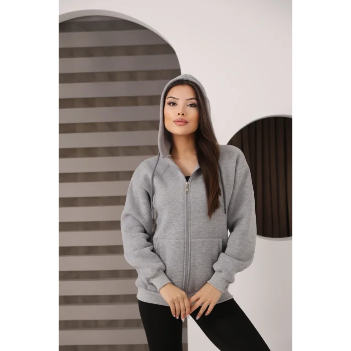 Kapüşonlu Fermuarlı Üç İplik Şardonlu Sweatshirt