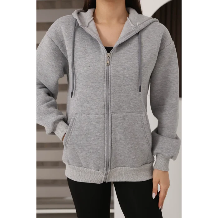 Kapüşonlu Fermuarlı Üç İplik Şardonlu Sweatshirt