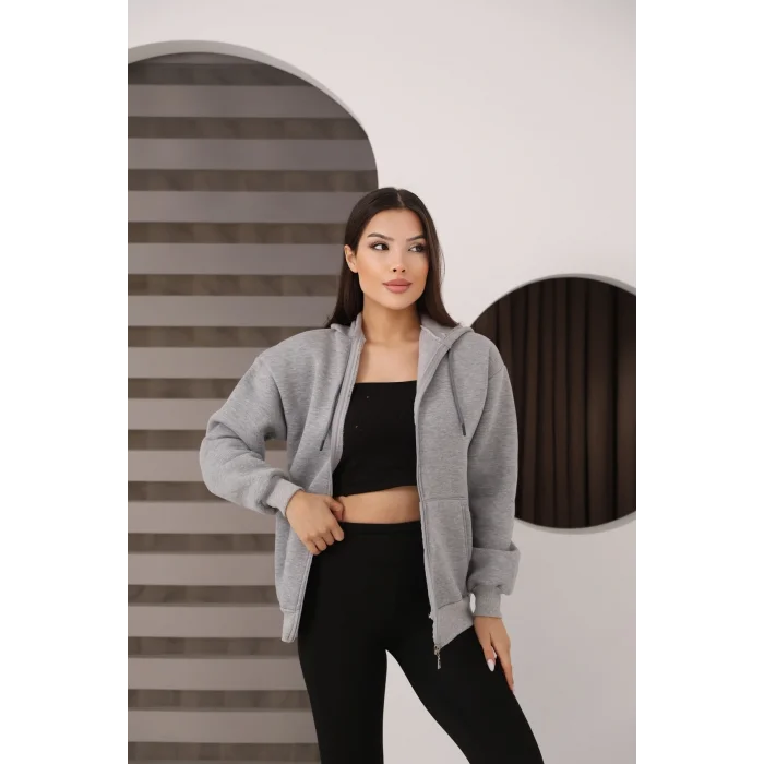 Kapüşonlu Fermuarlı Üç İplik Şardonlu Sweatshirt