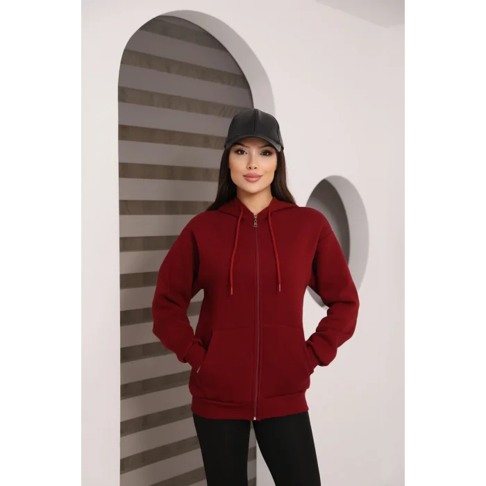 Kapüşonlu Fermuarlı Üç İplik Şardonlu Sweatshirt