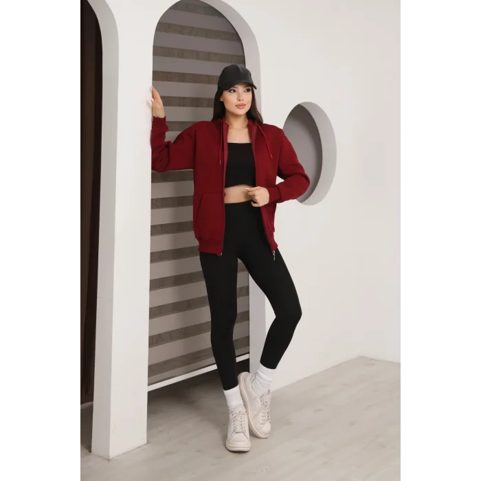 Kapüşonlu Fermuarlı Üç İplik Şardonlu Sweatshirt