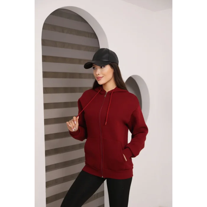 Kapüşonlu Fermuarlı Üç İplik Şardonlu Sweatshirt