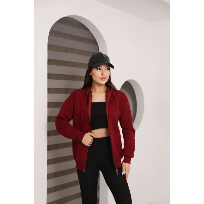 Kapüşonlu Fermuarlı Üç İplik Şardonlu Sweatshirt