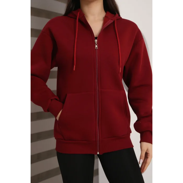 Kapüşonlu Fermuarlı Üç İplik Şardonlu Sweatshirt