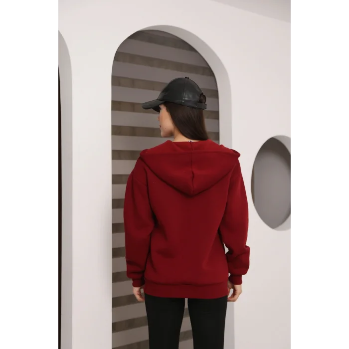 Kapüşonlu Fermuarlı Üç İplik Şardonlu Sweatshirt