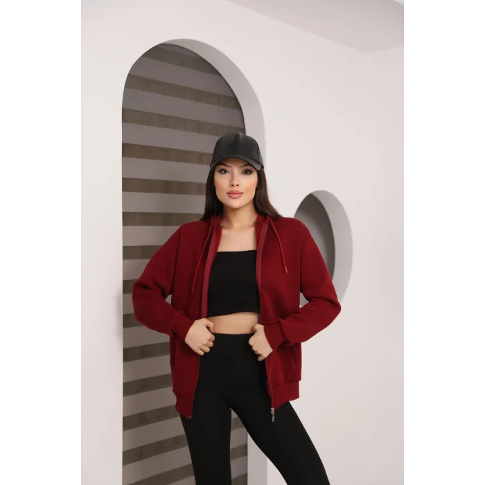 Kapüşonlu Fermuarlı Üç İplik Şardonlu Sweatshirt